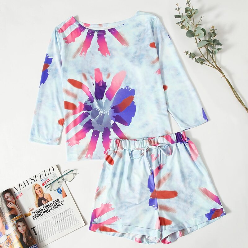

Floral & Tie Dye Print Shorts PJ Set, Multicolor