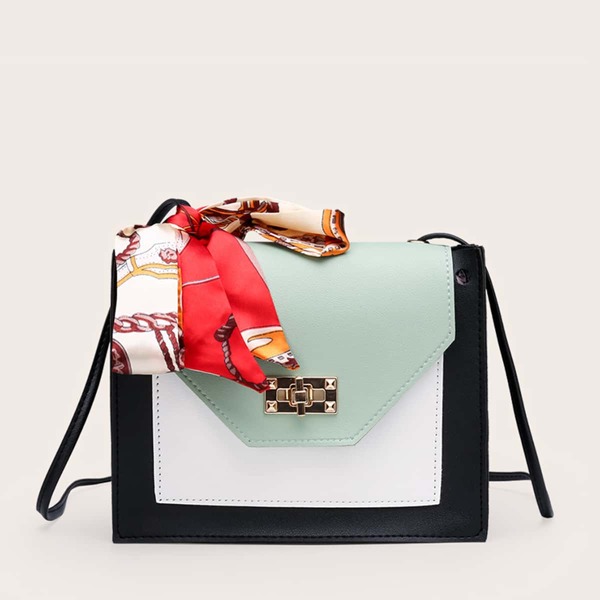 

Twilly Scarf Decor Colorblock Crossbody Bag, Green