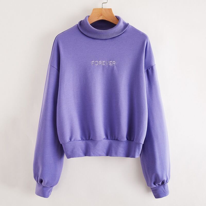 

Turtle Neck Letter Embroidery Sweatshirt, Violet purple