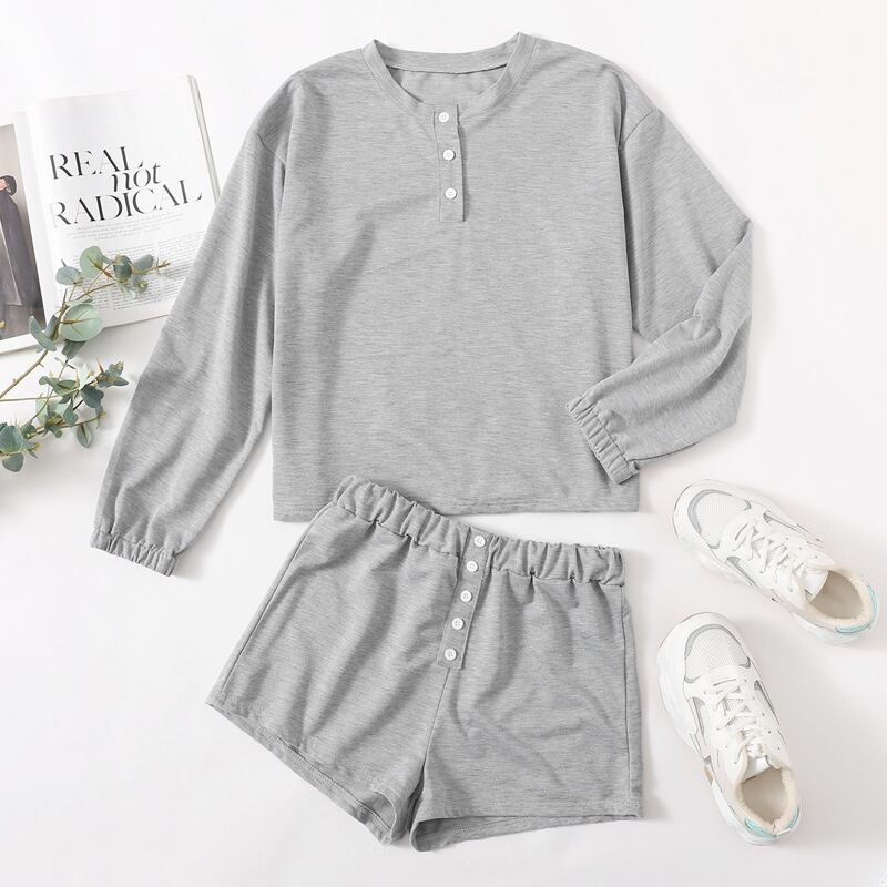 

Button Front Tee & Shorts Lounge Set, Light grey
