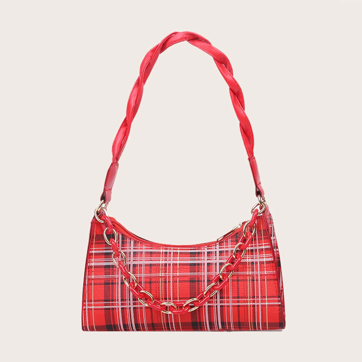 

Tartan Chain Baguette Bag, Red