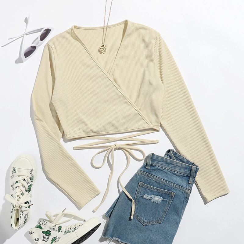 

Solid Wrap Criss Cross Top, Beige