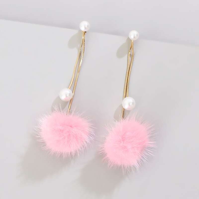 

Fluffy Pom Pom Drop Earrings, Pink