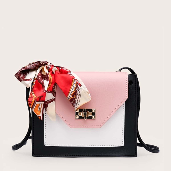 

Twilly Scarf Decor Colorblock Crossbody Bag, Pink