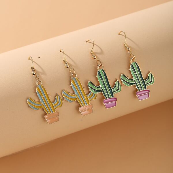 

2pairs Cactus Drop Earrings, Multicolor