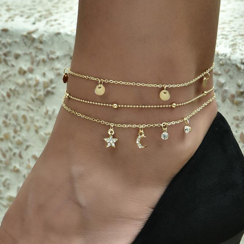 

3pcs Disc Tassel Decor Anklet, Gold