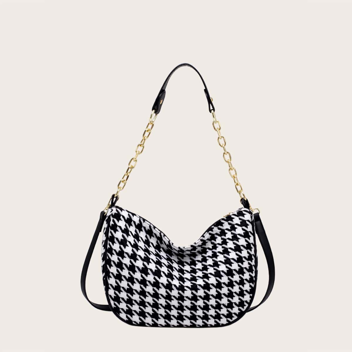 

Houndstooth Chain Shoulder Bag, Black and white