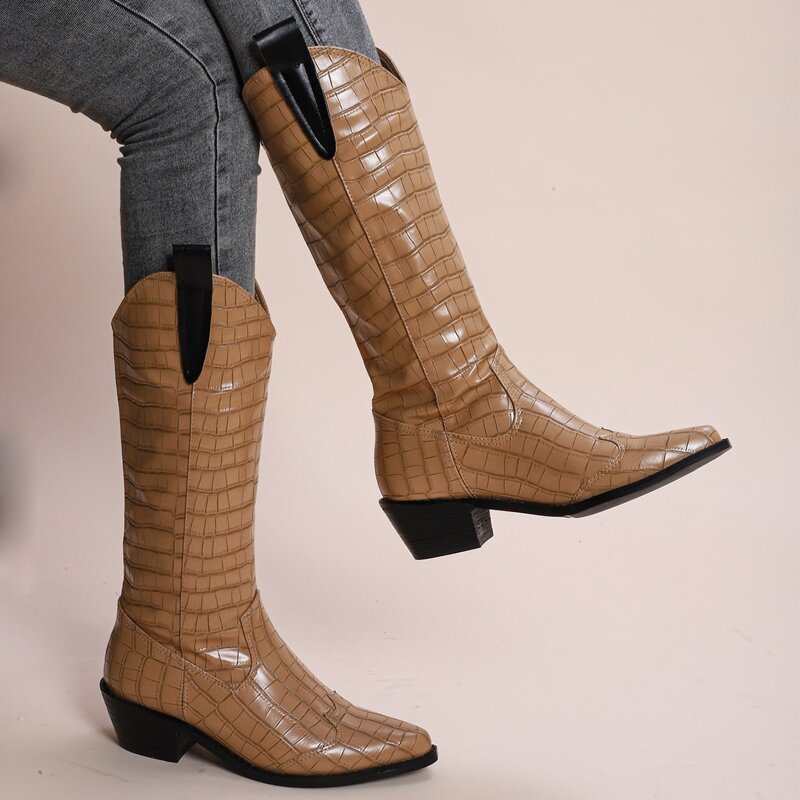 

Point Toe Croc Embossed Mid Calf Boots, Khaki