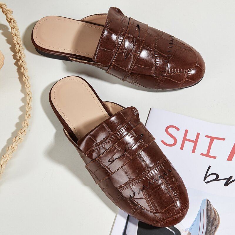 

Croc Embossed Flat Mules, Brown