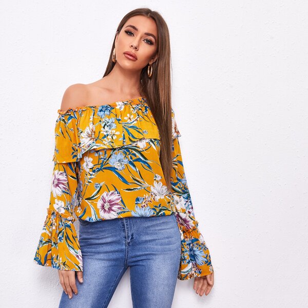 

Flower Print Flounce Trim Bardot Blouse, Mustard yellow