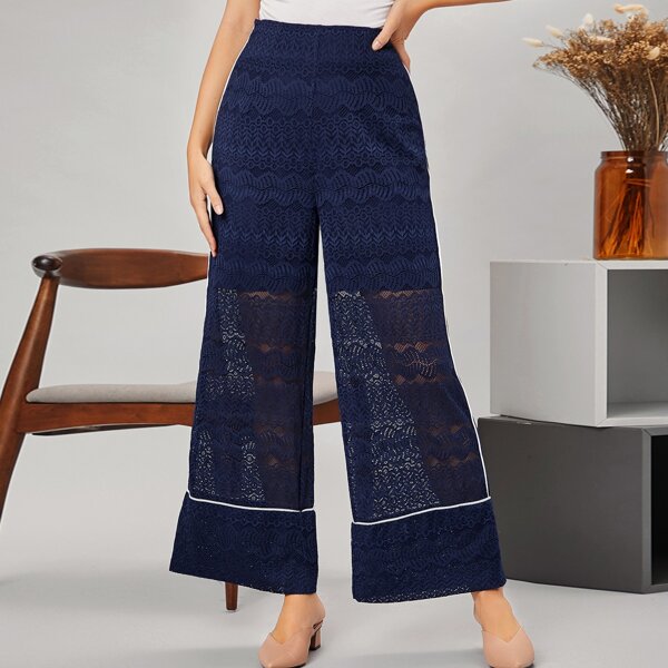 

Contrast Piping Lace Palazzo Pants, Navy blue