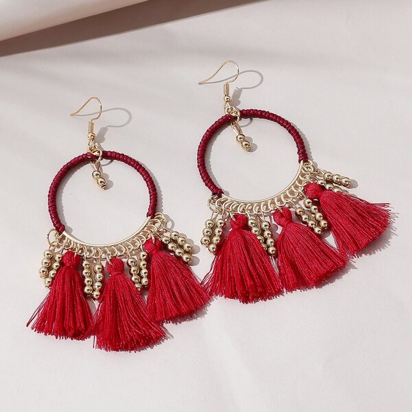 

Tassel & Bead Decor Ring Drop Earrings, Red