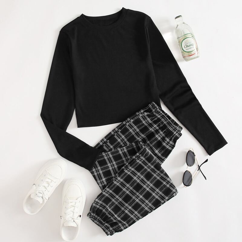 

Solid Crop Tee & Plaid Pants, Multicolor