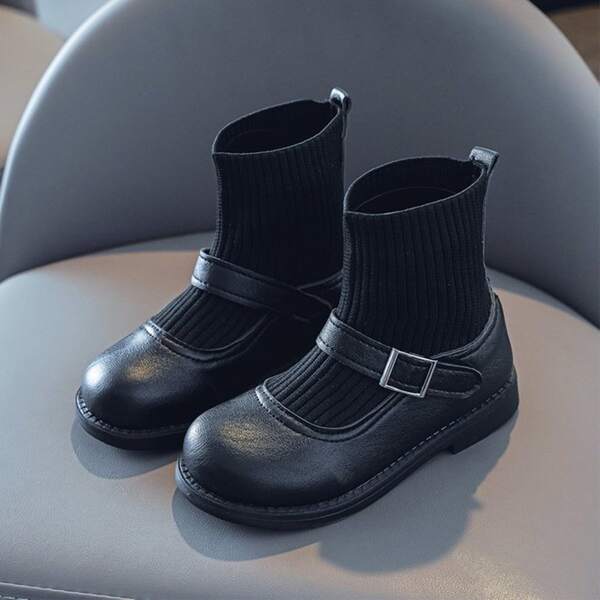 

Girls Minimalist Buckle Decor Sock Boots, Black