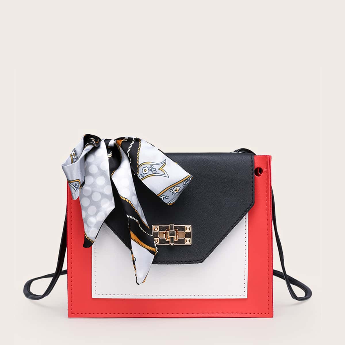 

Twilly Scarf Decor Colorblock Crossbody Bag, Red