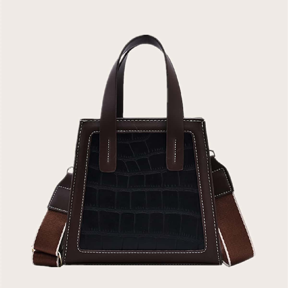 Croc Embossed Satchel Bag, Black