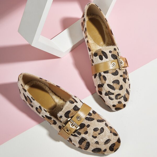 

Buckle Decor Leopard Print Loafers, Multicolor