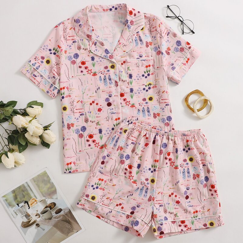 

Floral Pocket Front Lapel Neck PJ Set, Multicolor