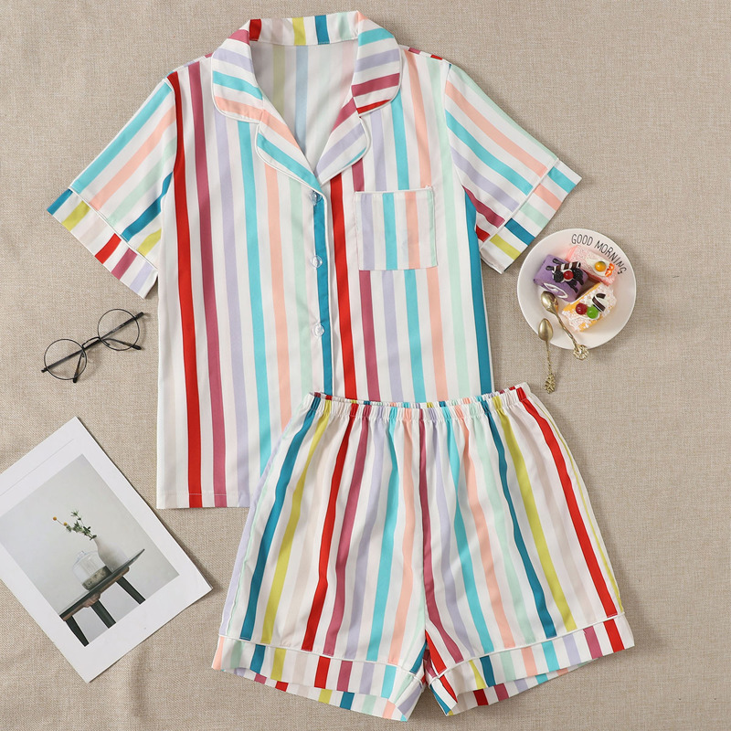 

Rainbow Stripe Lapel Neck PJ Set, Multicolor