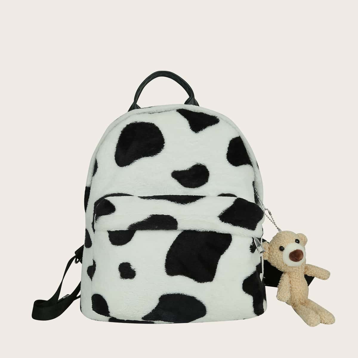

Cow Pattern Backpack With Bear Shaped Bag Charm, Black and white