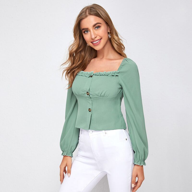

Button Front Square Neck Frill Trim Blouse, Mint green