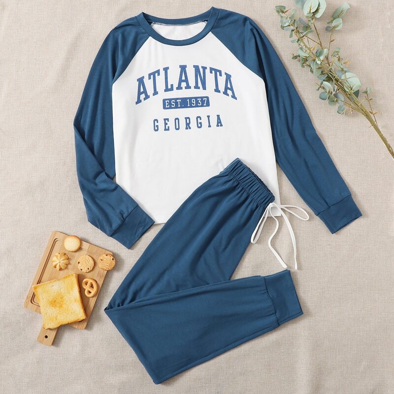 

Letter Graphic Raglan Sleeve PJ Set, Blue and white