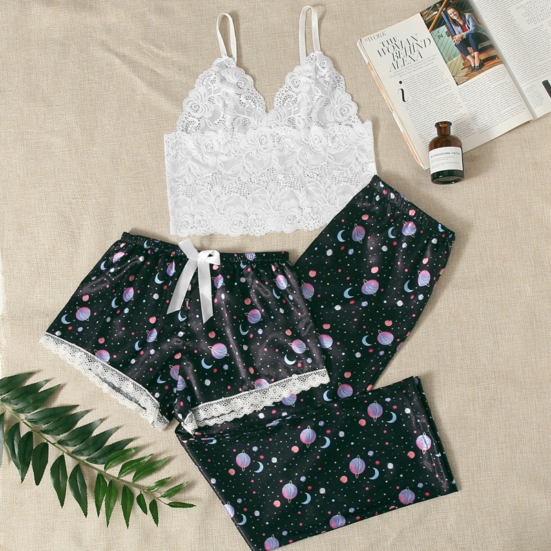 

Floral Lace Bralette & Galaxy Print Satin Shorts & Pants, Multicolor