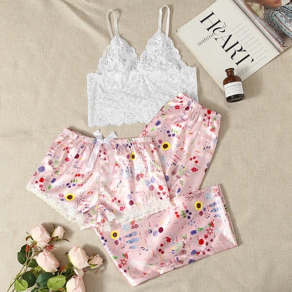 

Floral Lace Bralette & Floral Satin Shorts & Pants, Multicolor