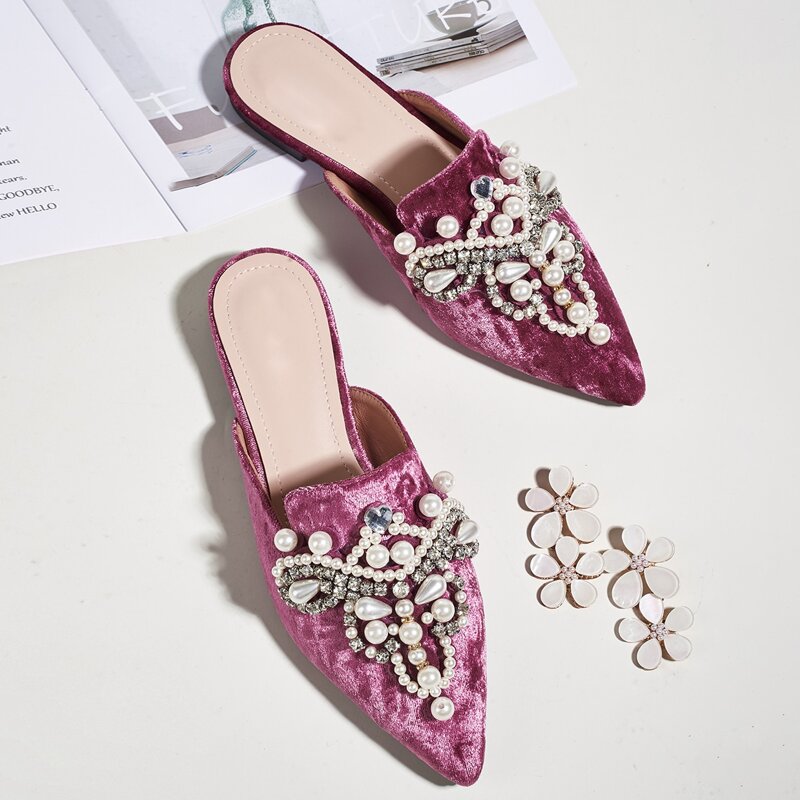 

Faux Pearl & Rhinestone Decor Flat Mules, Hot pink