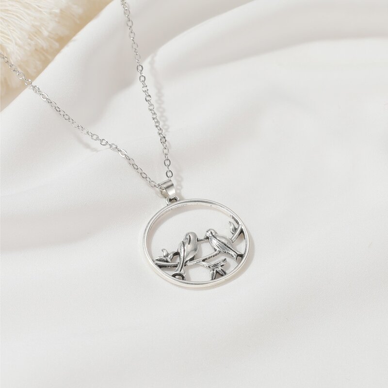

Bird & Round Charm Necklace, Silver