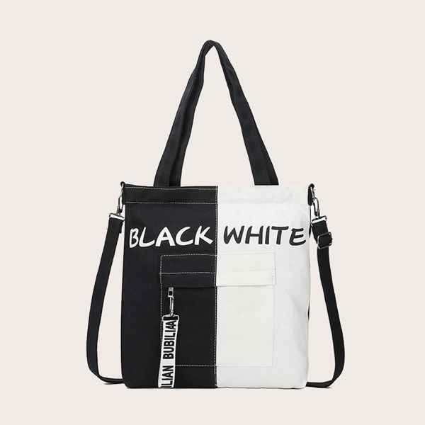

Letter Graphic Color Block Tote Bag, Black and white