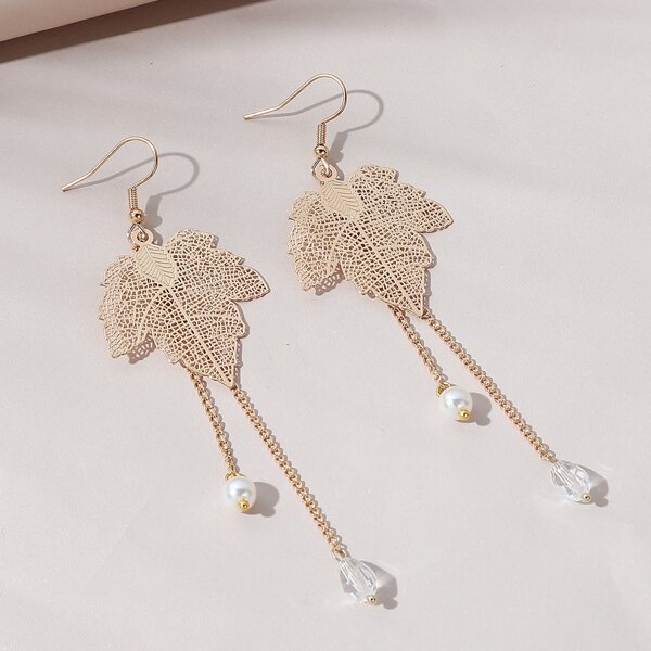

Faux Pearl Drop Leaf Earrings, Gold