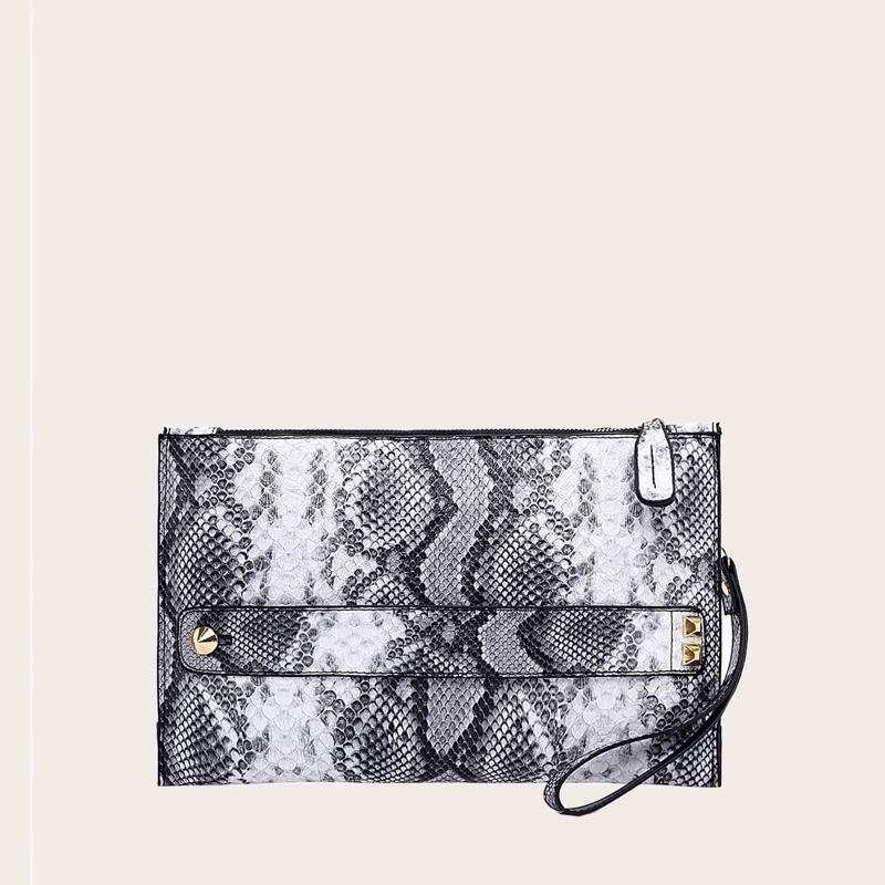 

Snakeskin Print Clutch Bag With Wristlet, Grey
