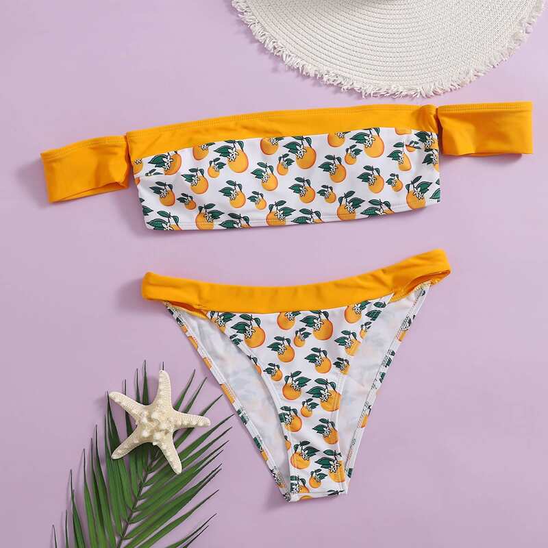 

Orange Print Off Shoulder Bikini Swimsuit, Multicolor