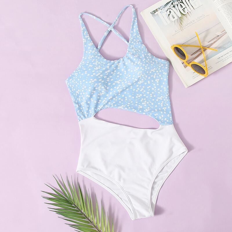 

Ditsy Floral Colorblock Cut-out One Piece Swimsuit, Blue and white