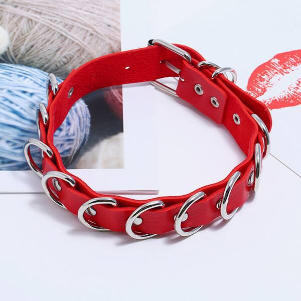 

Metal Buckle PU Necklace, Red