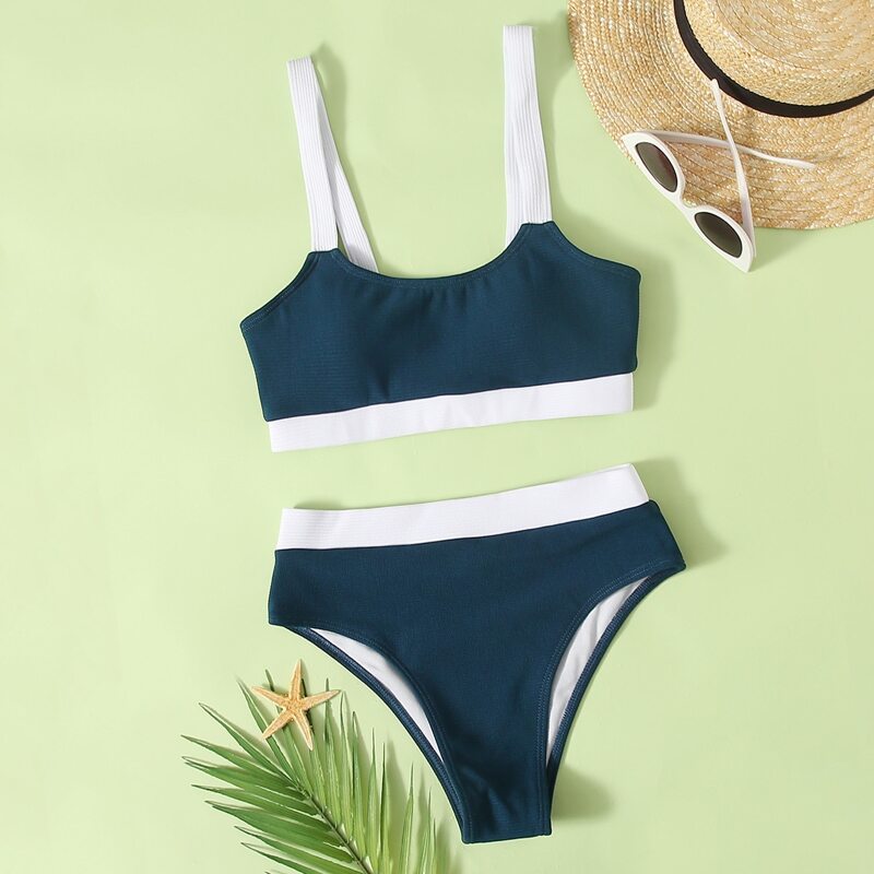 

Two Tone High Waist Bikini Swimsuit, Teal blue