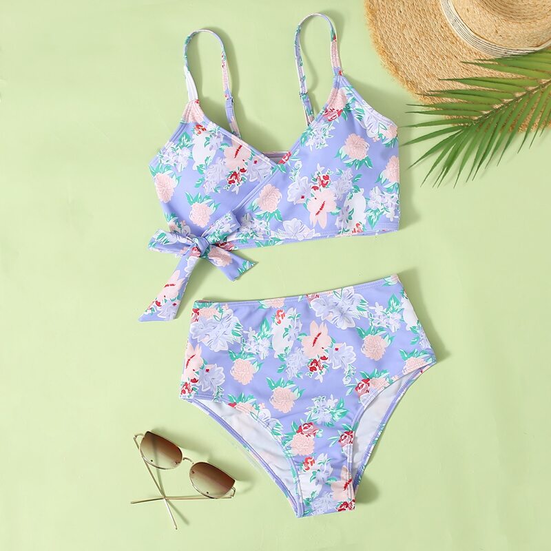 

Floral Wrap High Waist Bikini Swimsuit, Multicolor