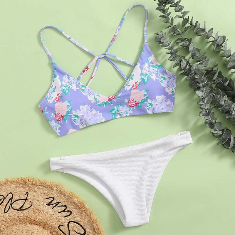 

Floral Crisscross Back Bikini Swimsuit, Multicolor