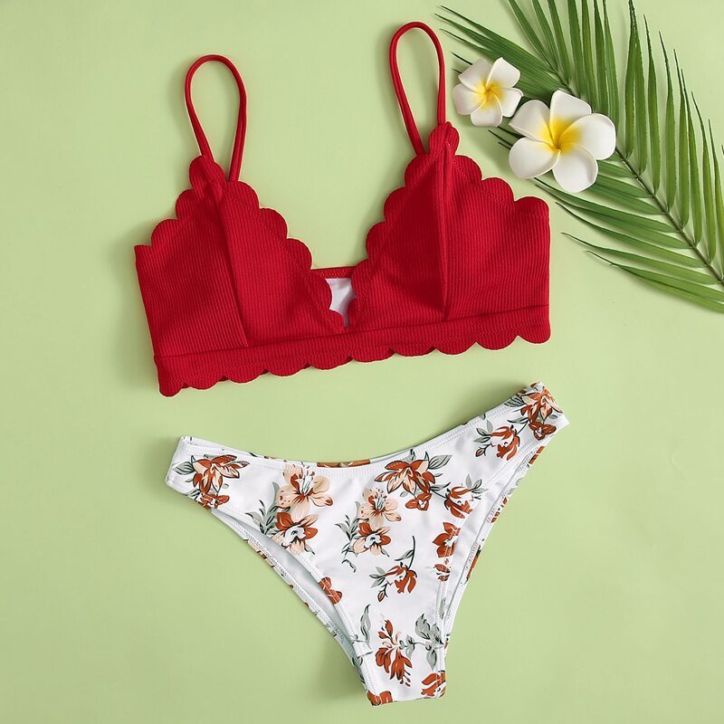 

Scallop Trim Floral Bikini Swimsuit, Multicolor