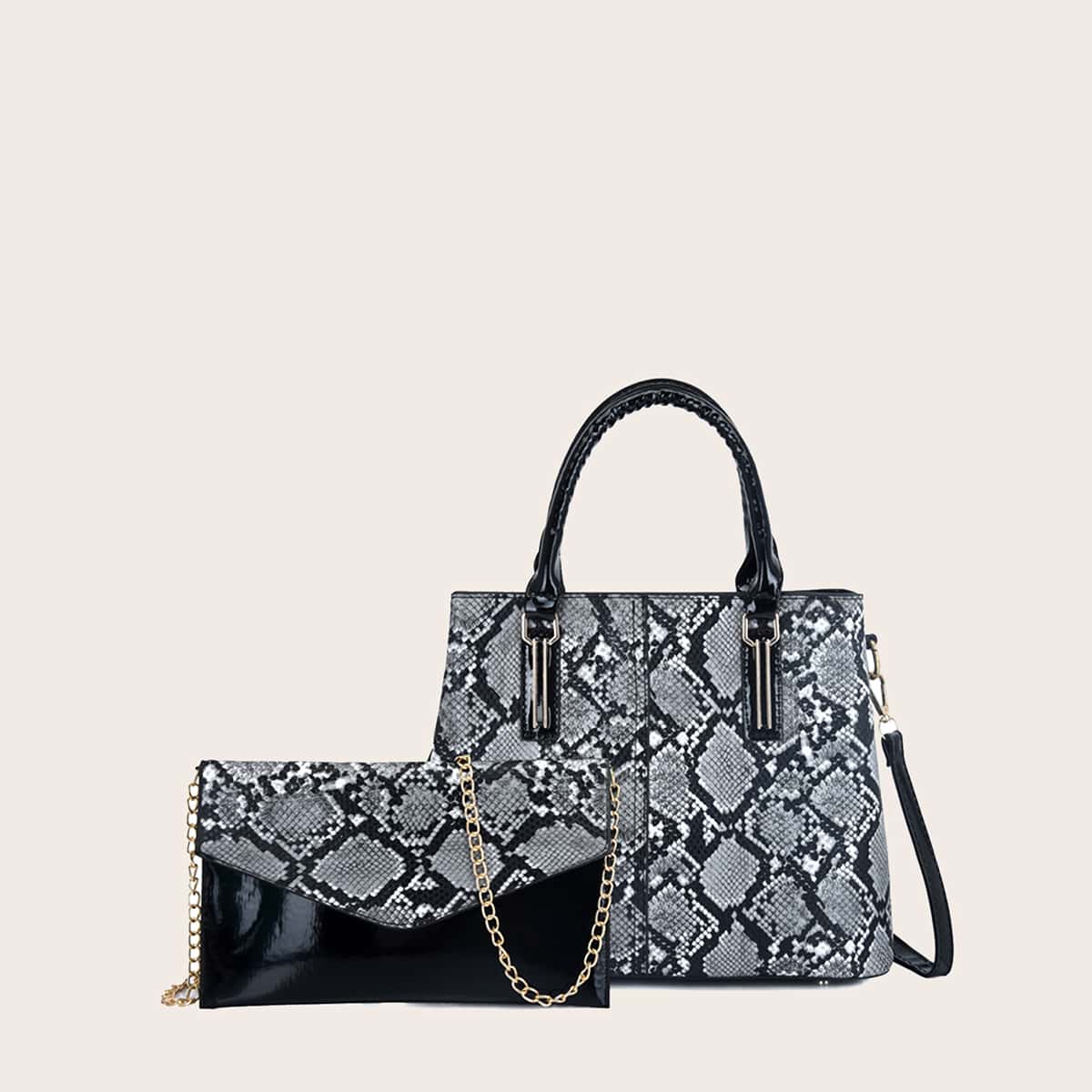 

Snakeskin Print Satchel Bag With Chain Bag, Grey