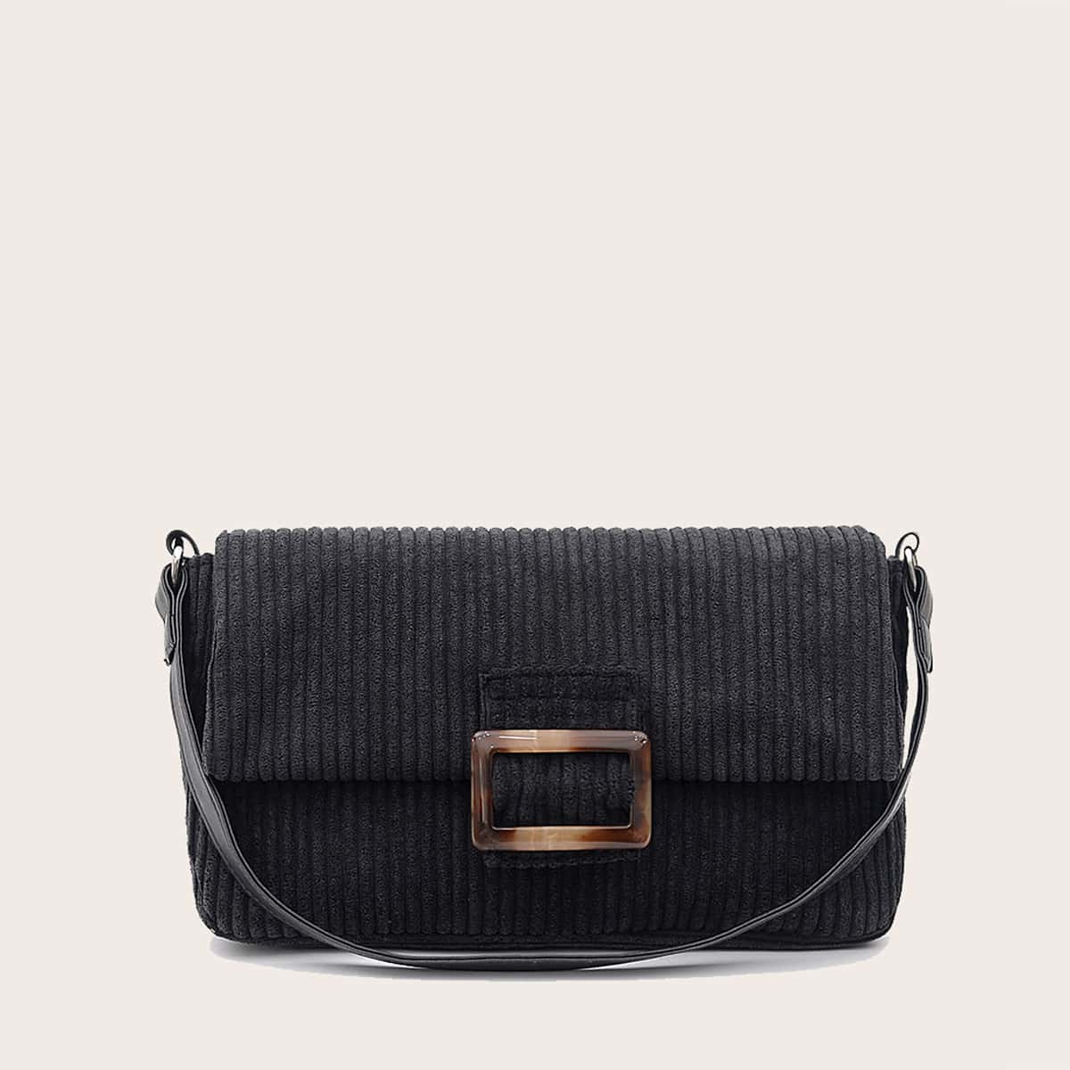 

Corduroy Buckle Baguette Bag, Black