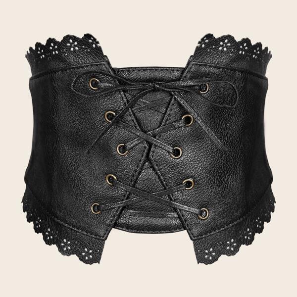 

Lace-up Decor Wide Belt, Black