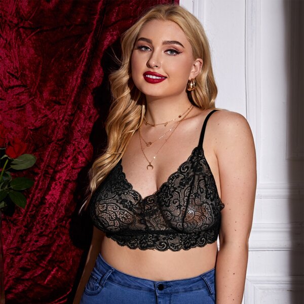 

Plus Floral Lace Sheer Bralette, Black