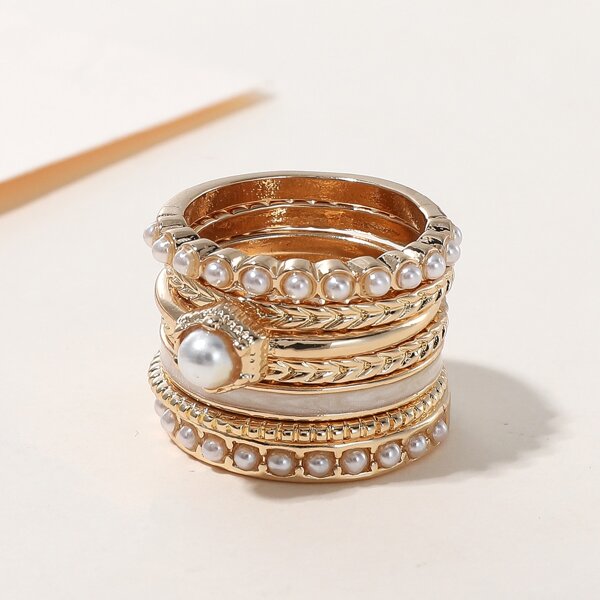 

7pcs Faux Pearl Decor Ring, Gold