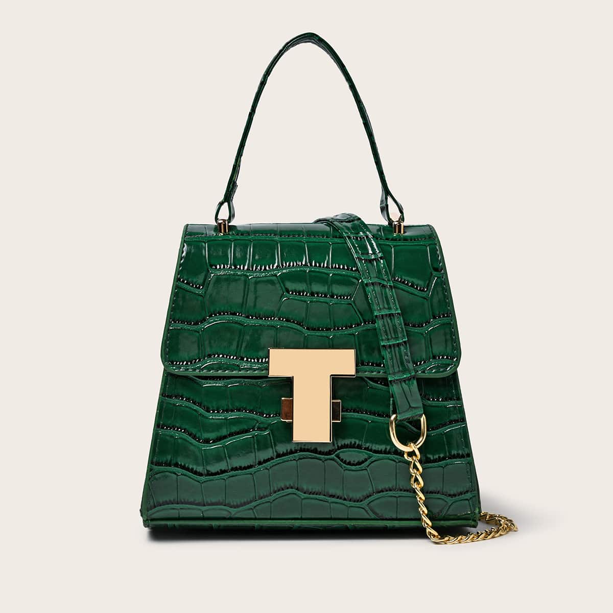 

Croc Embossed Satchel Bag, Dark green