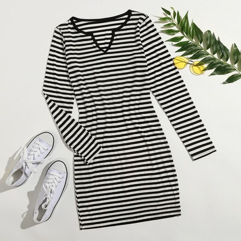 

Striped Notched Tee Dress, Black and white
