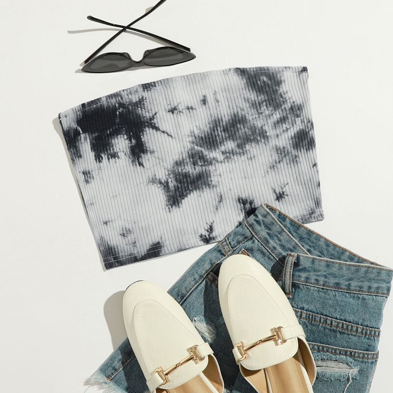 

Tie Dye Ribbed Tube Top, Black and white