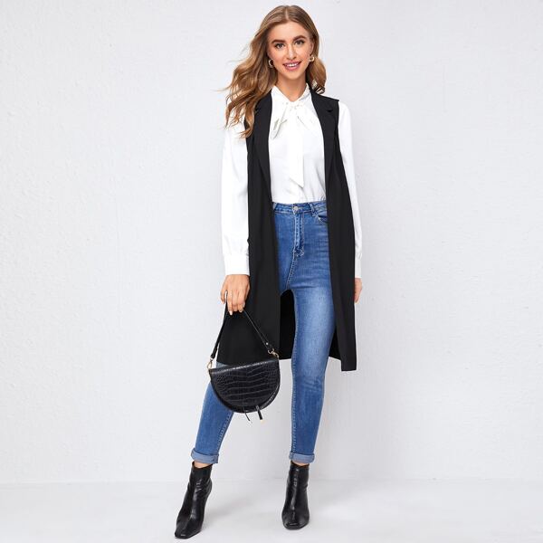 

Lapel Collar Open Front Blazer Vest, Black
