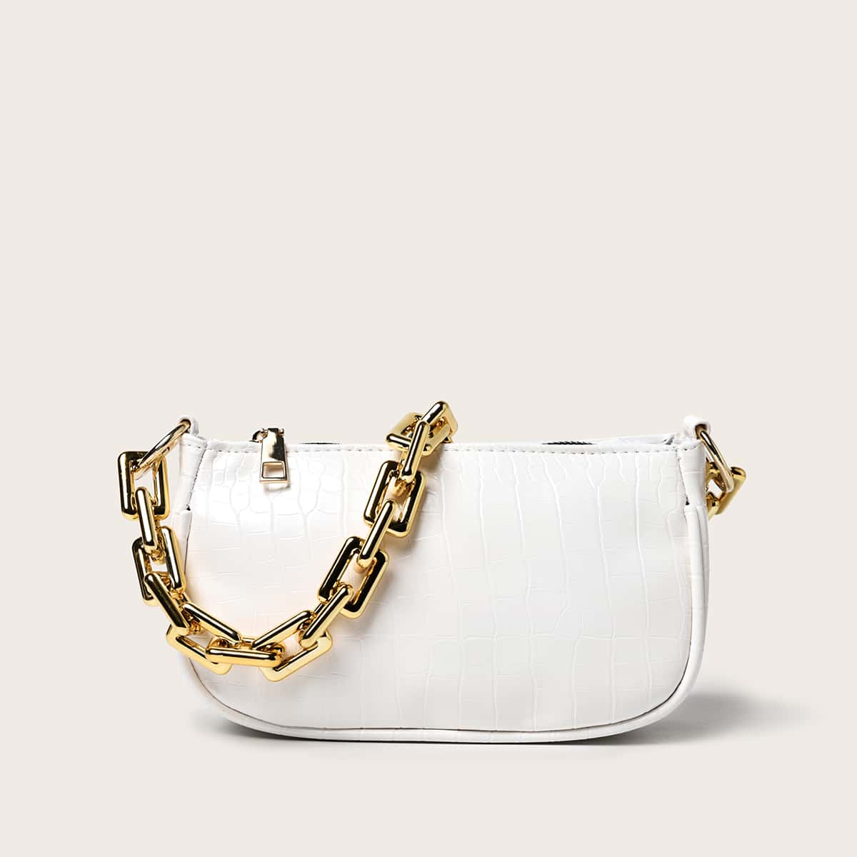 

Croc Embossed Chain Baguette Bag, White